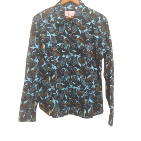Panhandle Slim Western Shirt Blue Cowgirl Rodeo Snaps Pockets Paisley SZ Large - Picture 1 of 9